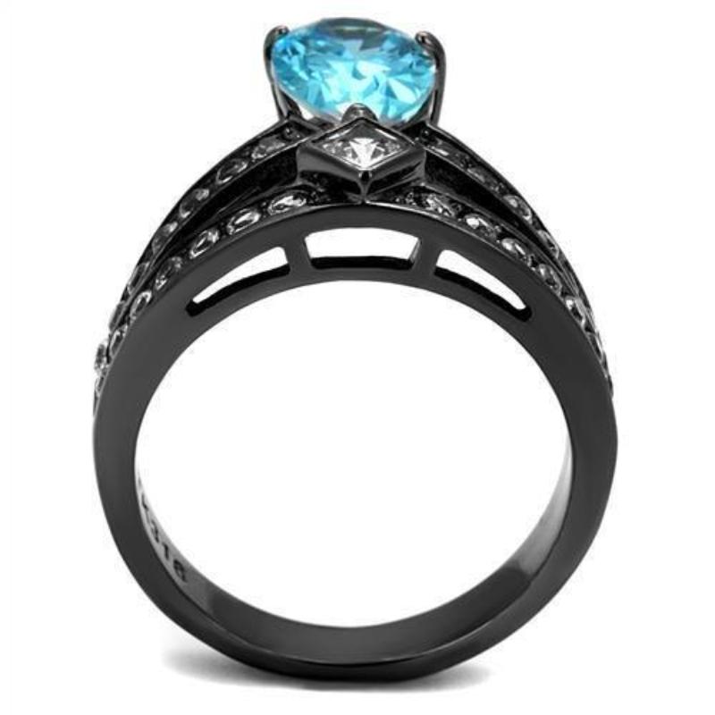 IP Light Black Stainless Steel Ring with AAA Grade CZ in Sea Blue