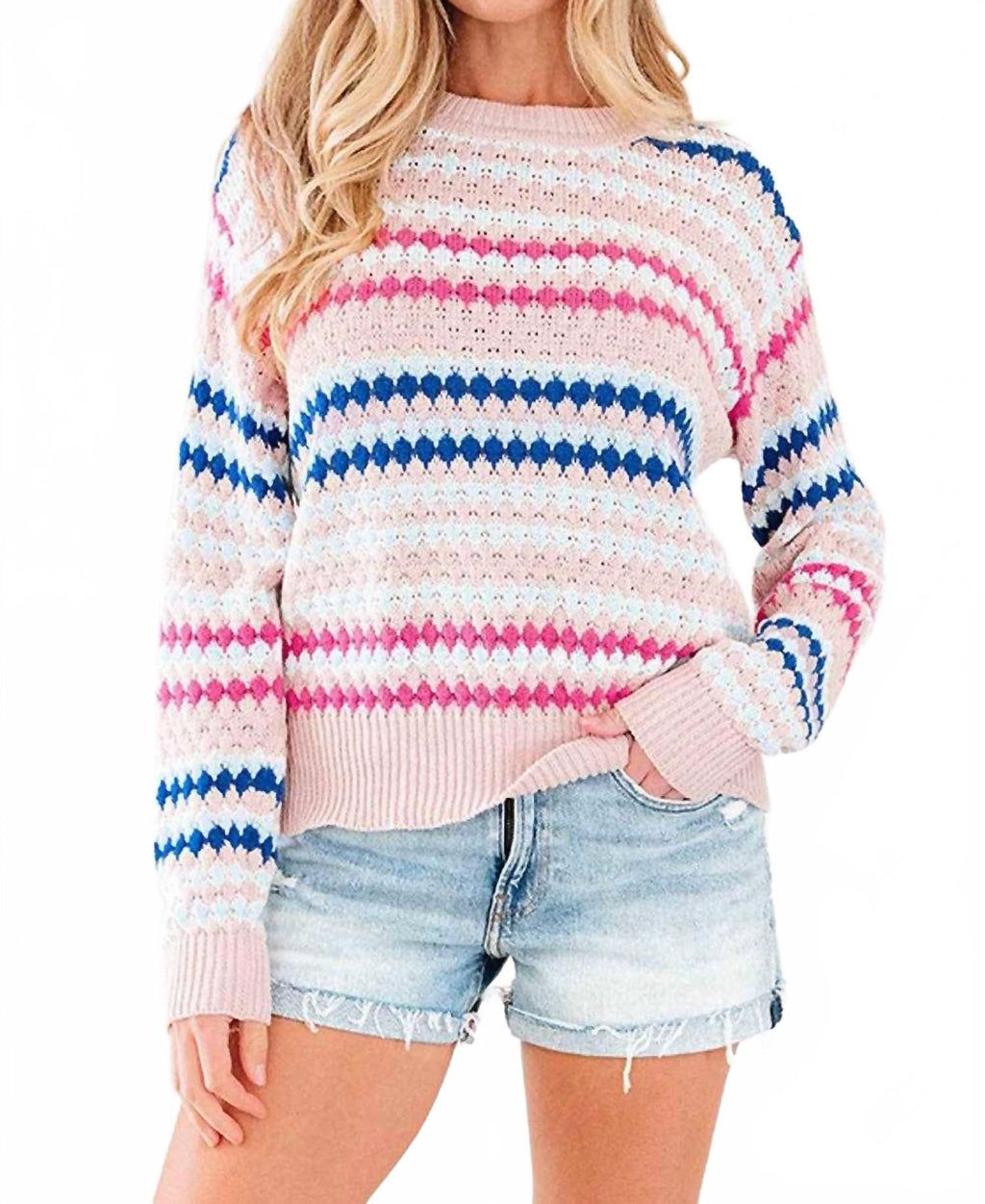 Eyelet Knit Drop Shoulder Sweater In Khaki Stripe