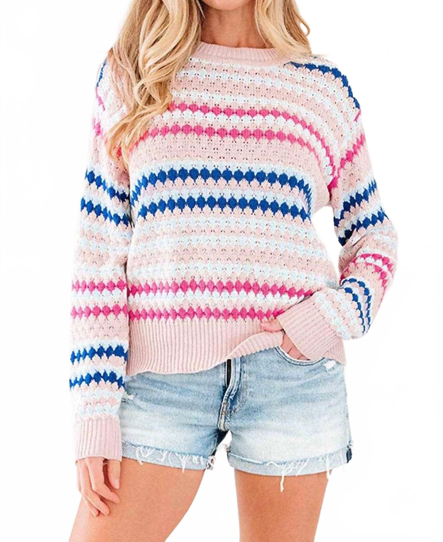 Eyelet Knit Drop Shoulder Sweater In Khaki Stripe