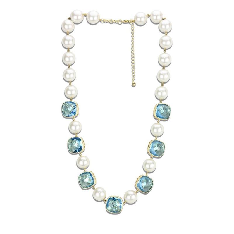 Gold Brass Necklace with Synthetic Synthetic Glass in Sea Blue