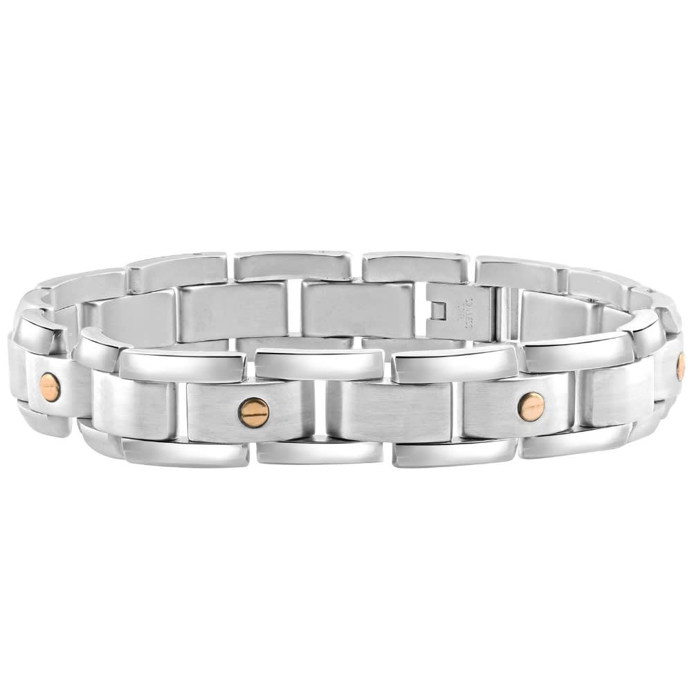 Men's Polished Steel Two Tone Gold Screwed 12mm Link  8.5 " Bracelet
