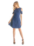24seven Comfort Apparel Womens High Round Neck Ruffle Cold Shoulder Sleeve A Line Mini Dress