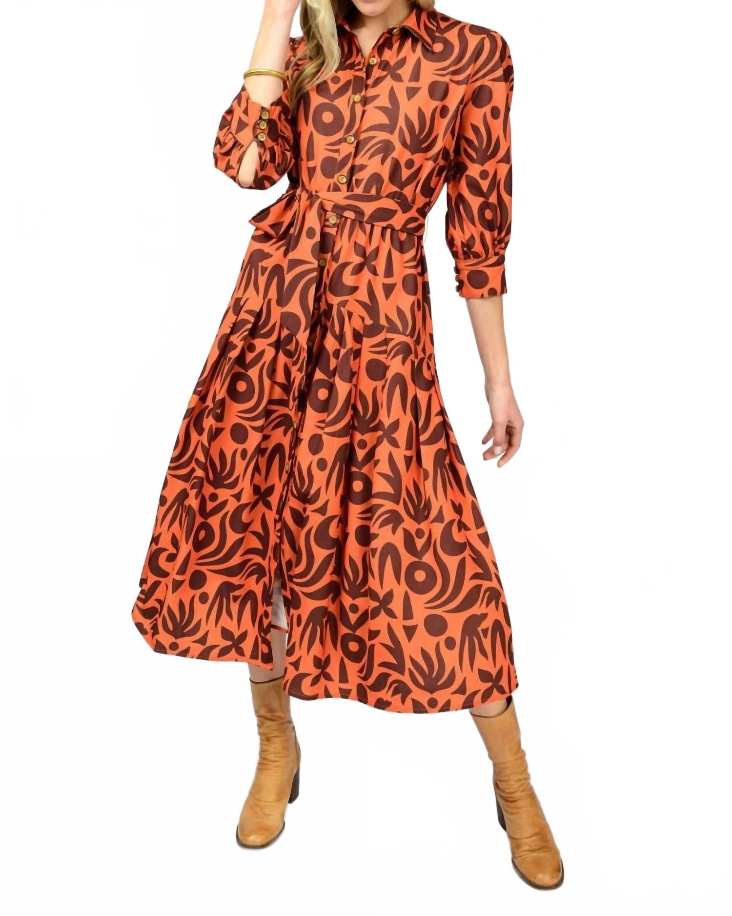 Native Print Midi Shirt Dress In Rust