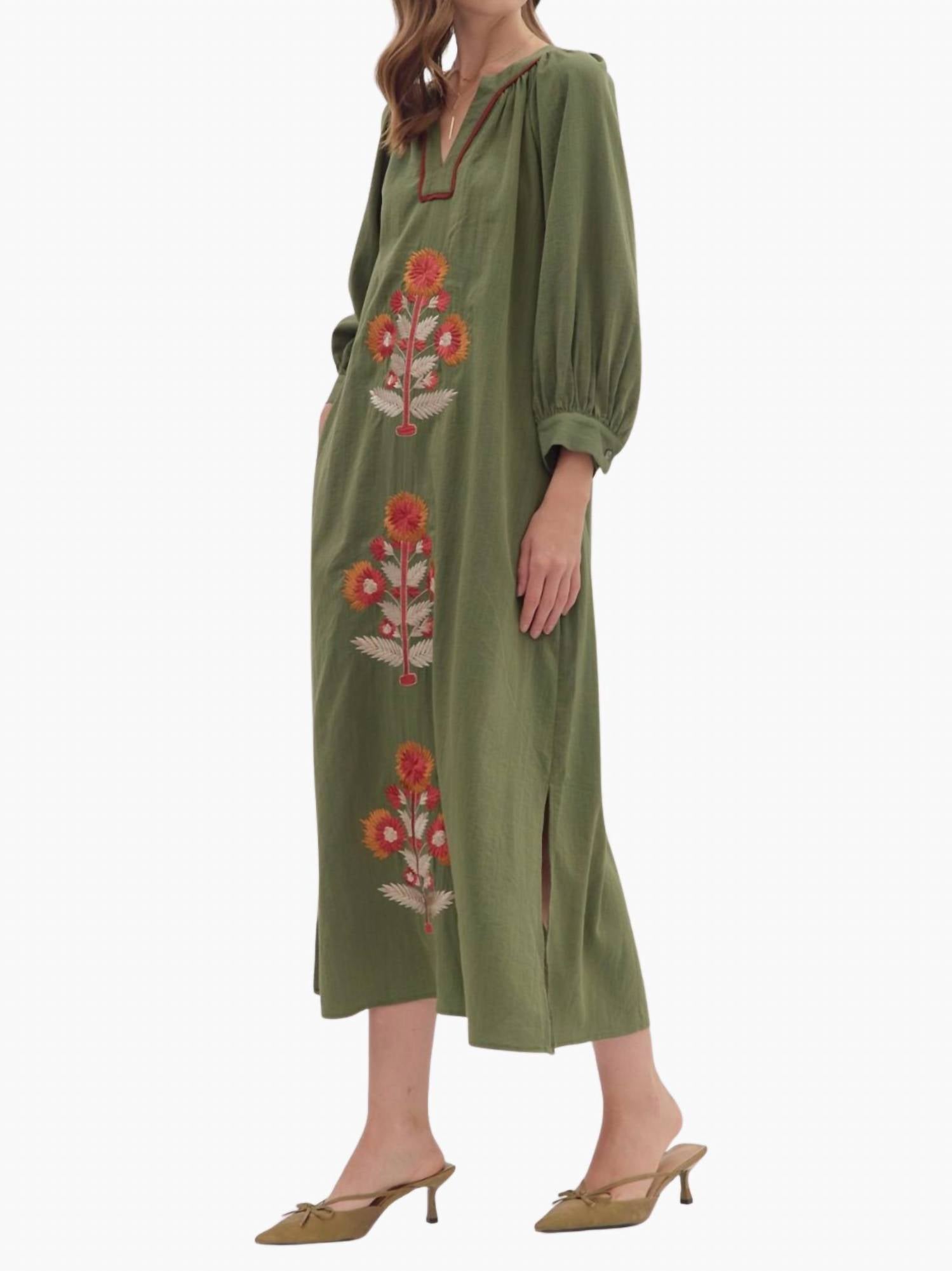 Katy Blockprint Dress In Olive