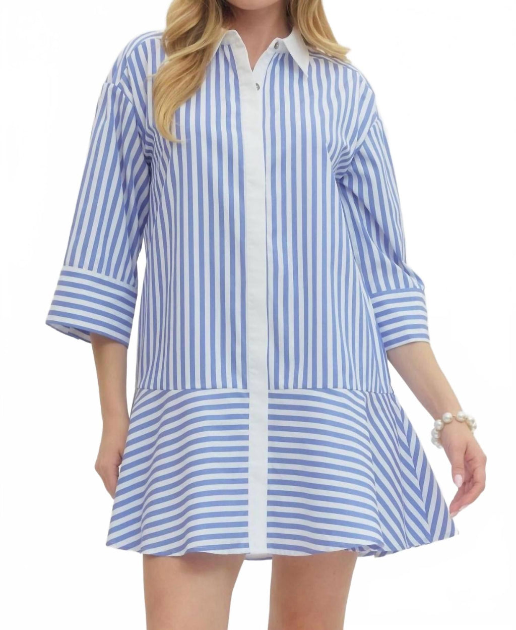Striped Collared Three Quarter Sleeve Mini Dress In Blue