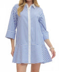 Striped Collared Three Quarter Sleeve Mini Dress In Blue