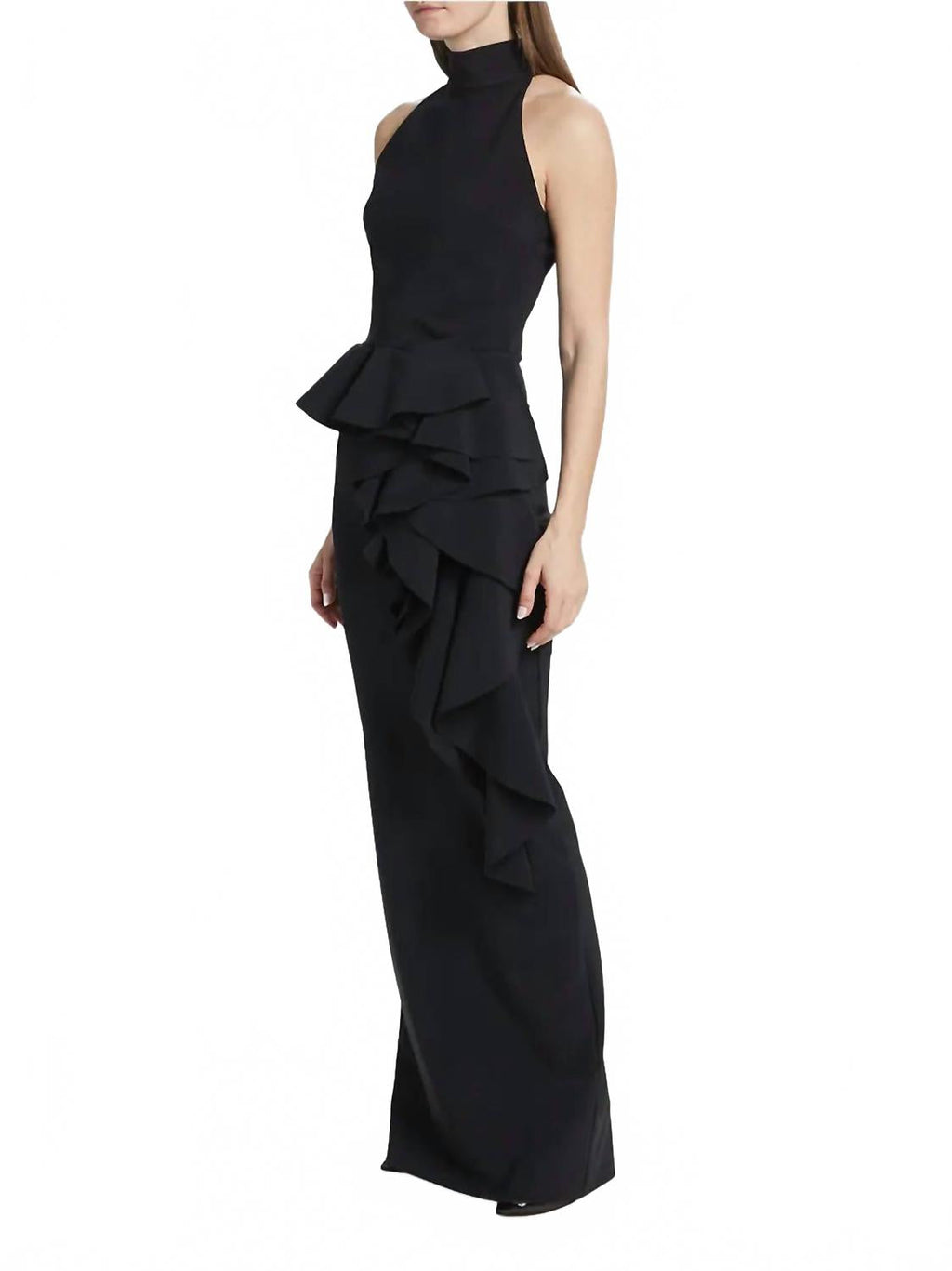 Ah Ruffled High-Neck Gown In Black