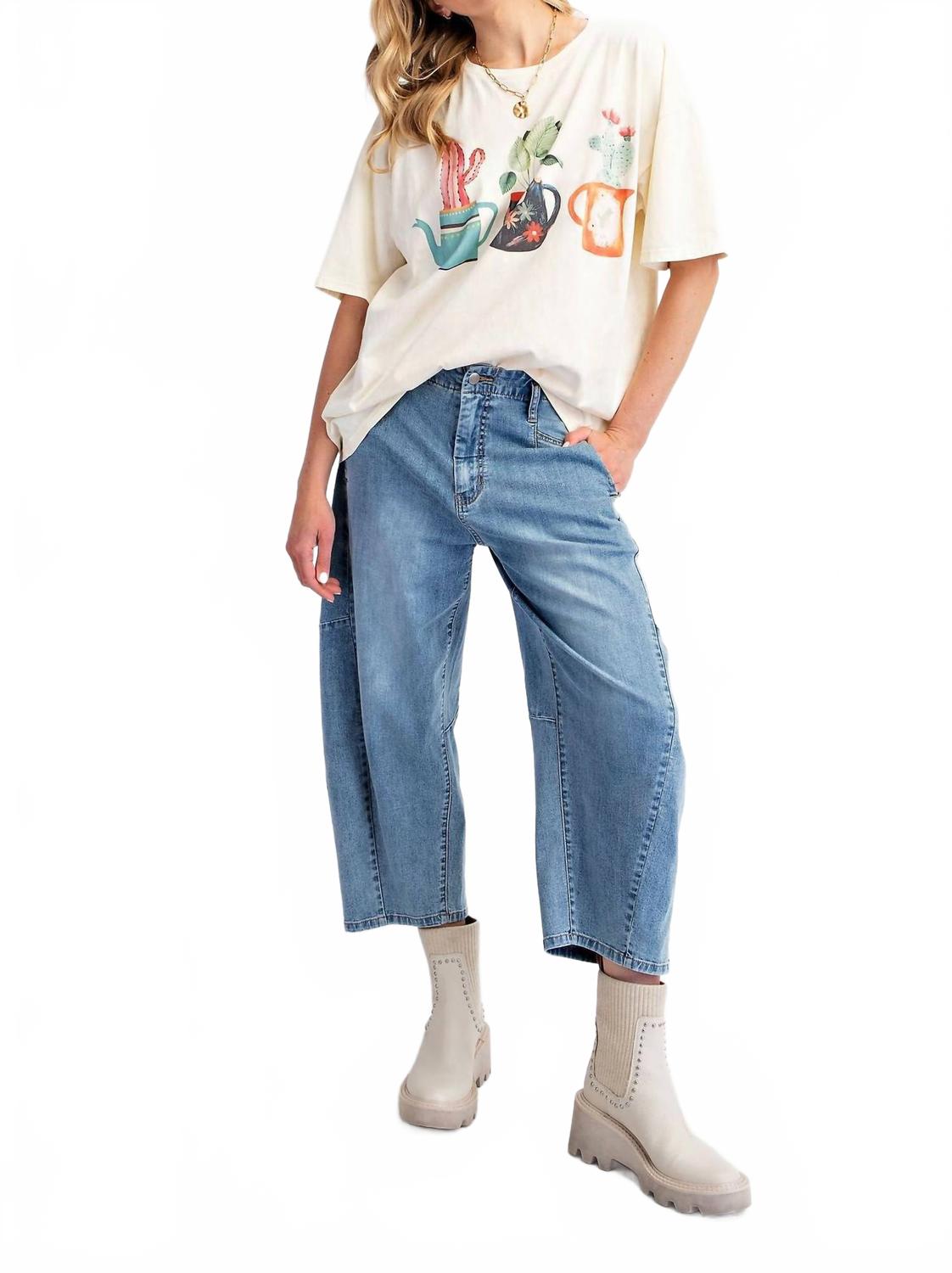 T-Shirt With Graphic Cactus Planted In Tea Pots In Ecru