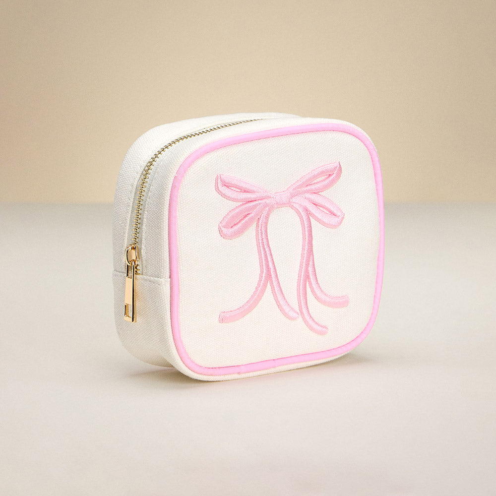 Bow Embroidered Square Canvas Pouch Bag / Organizer