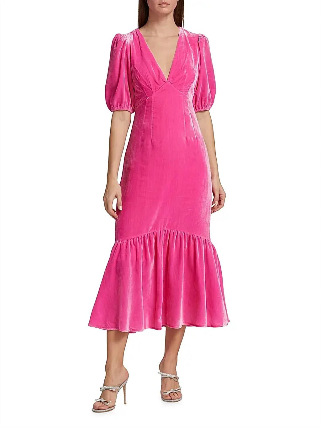 Ester Puff-Sleeve Velvet Midi-Dress In Pink