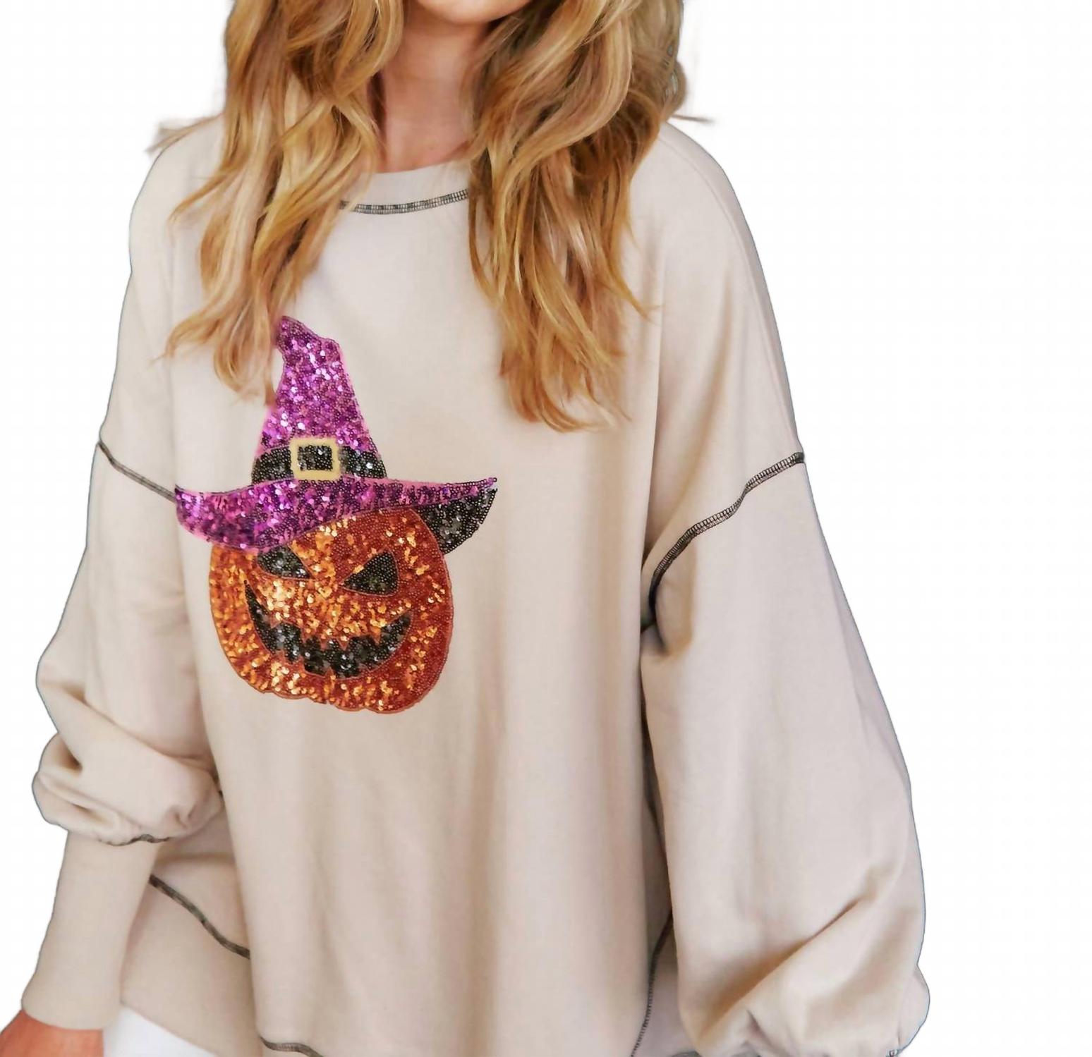 Sequin Halloween Pumpkin Patch Knit Sweatshirt In Tan