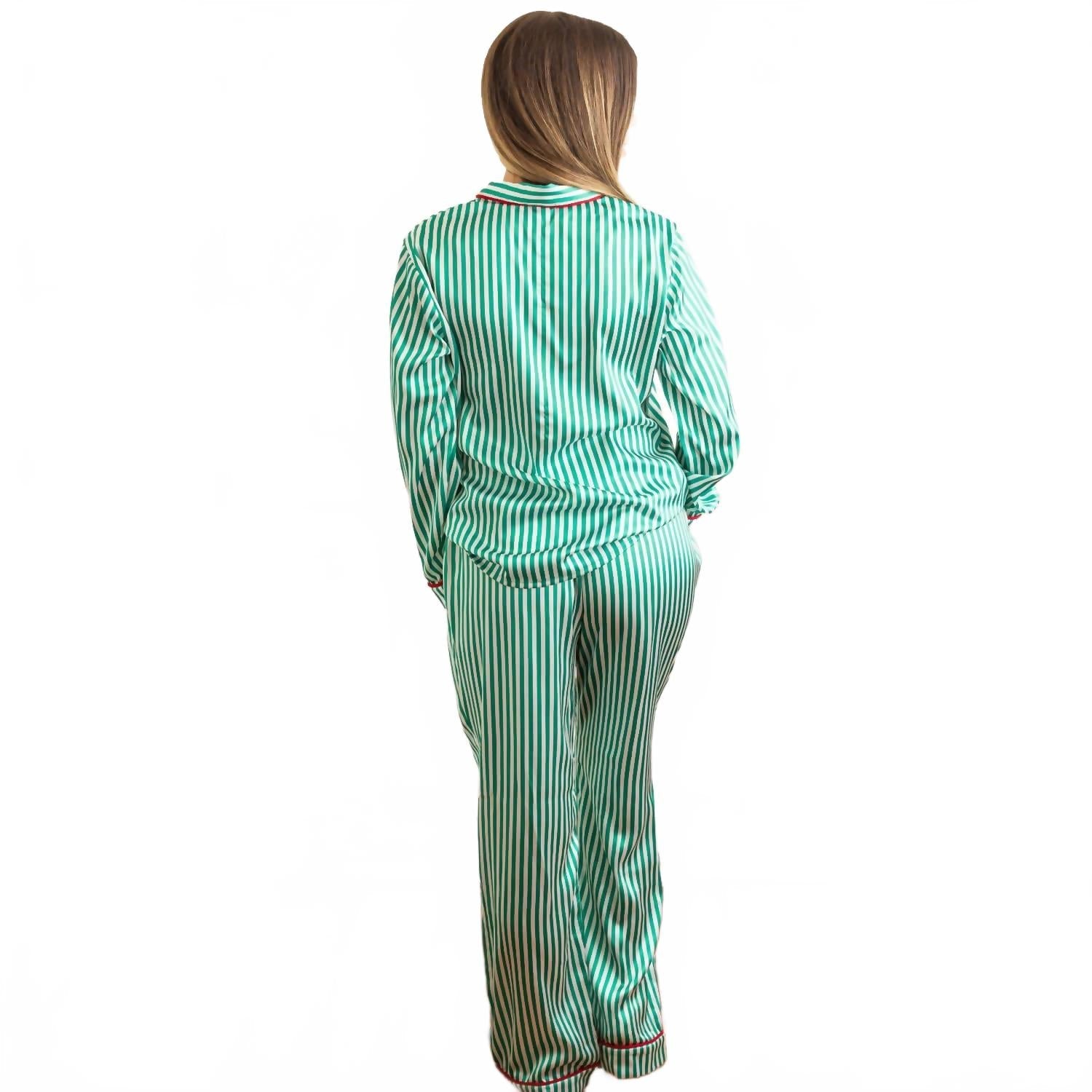 Satin Pajama Pant Set In Green Stripe