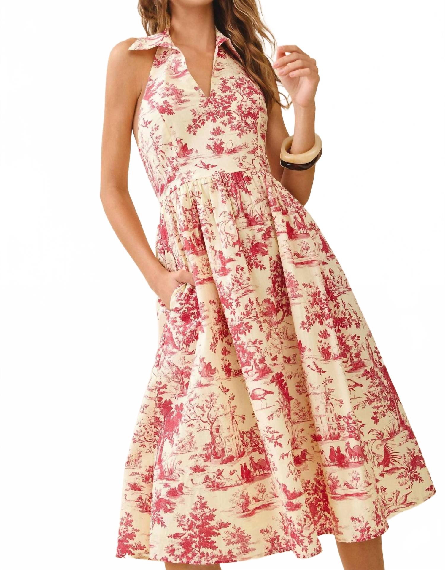 Abstract Print V-Neck Halter Midi Dress In Burgundy