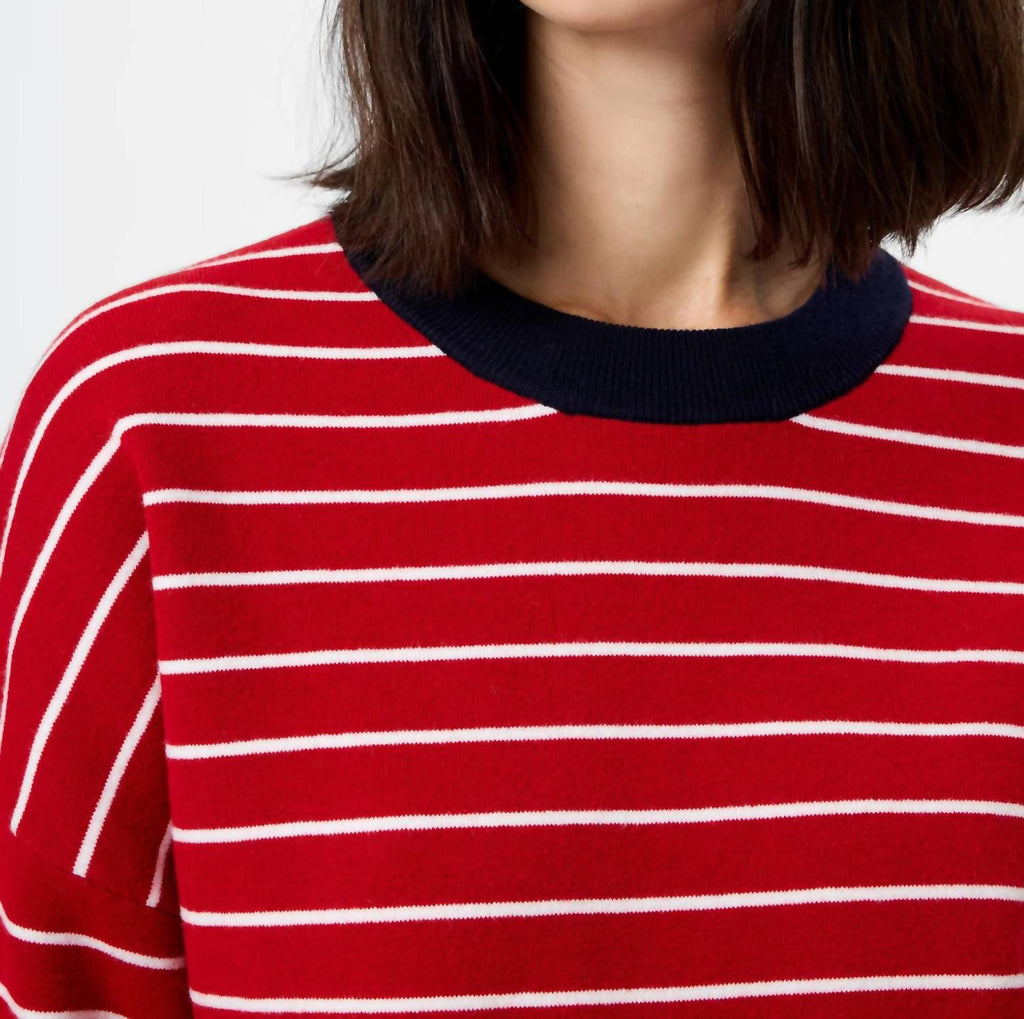 Marley Knit Striped Crew Neck Sweater In Crimson Red/ White