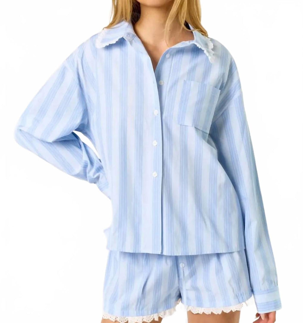 Long Sleeve And Shorts Pajama Set In Blue Striped