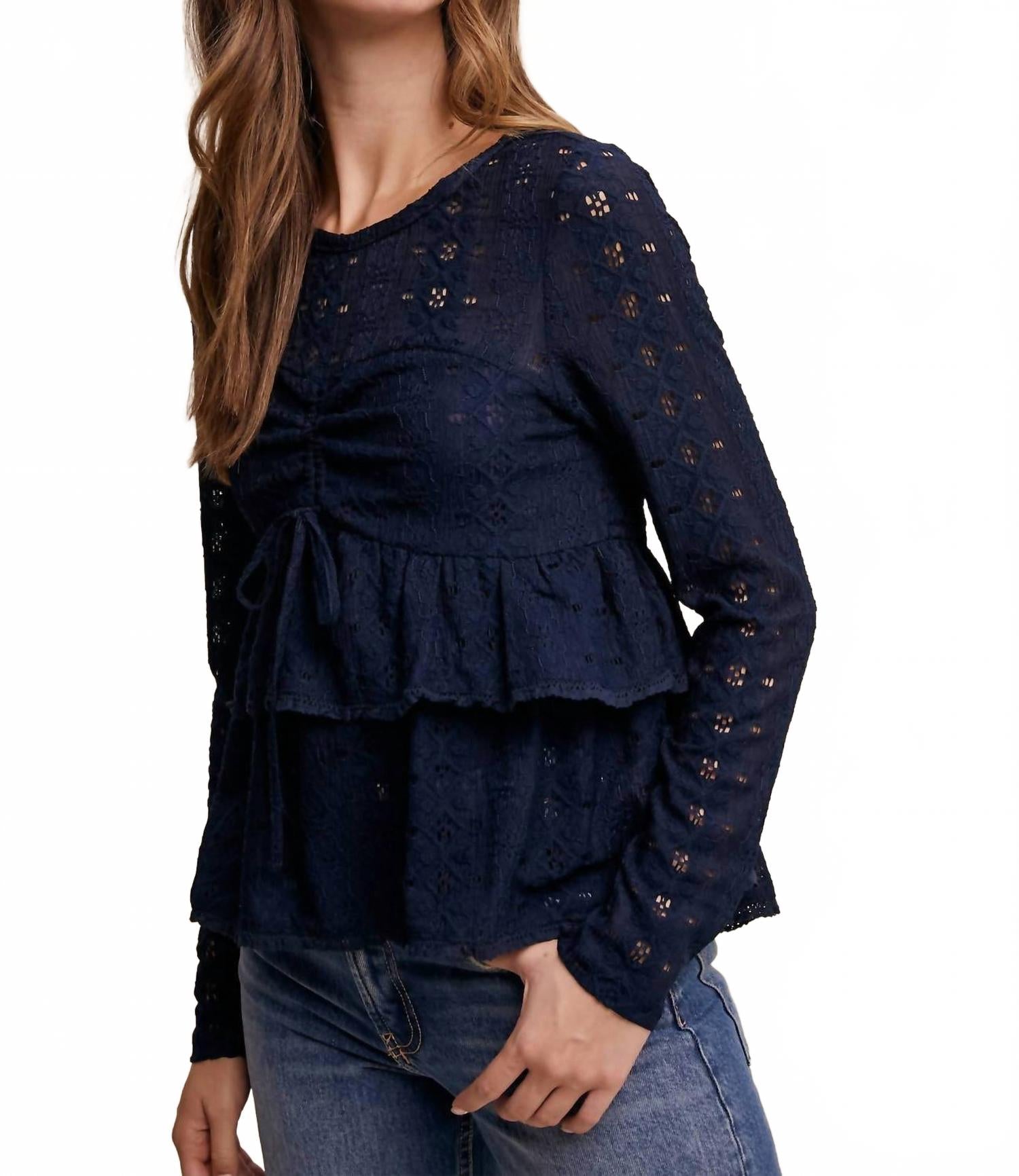 Stretch Lace Tiered Blouse With Drawstring Detail In Navy