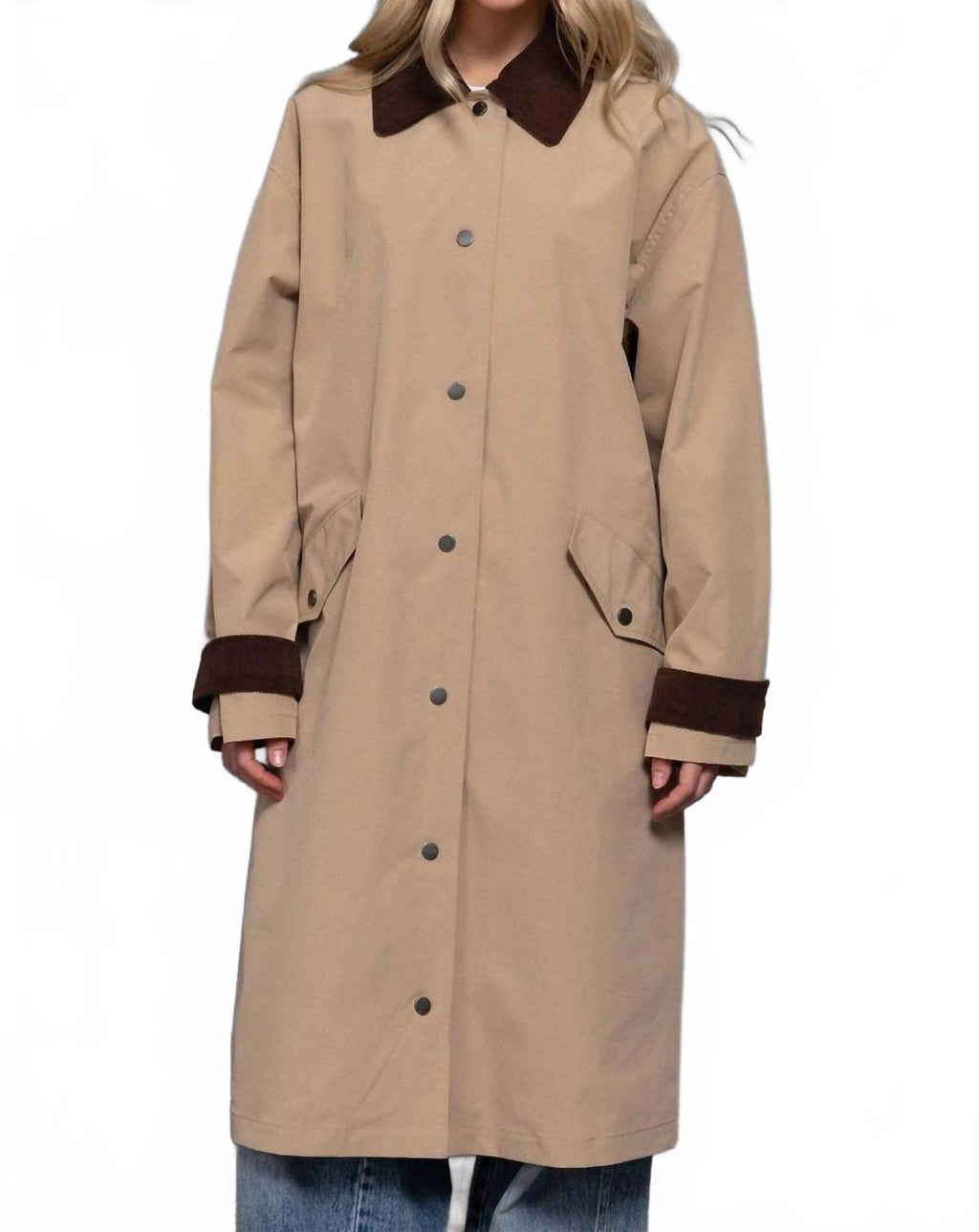 Long Sleeve Contrast Collar Button Down Trench Coat In Khaki