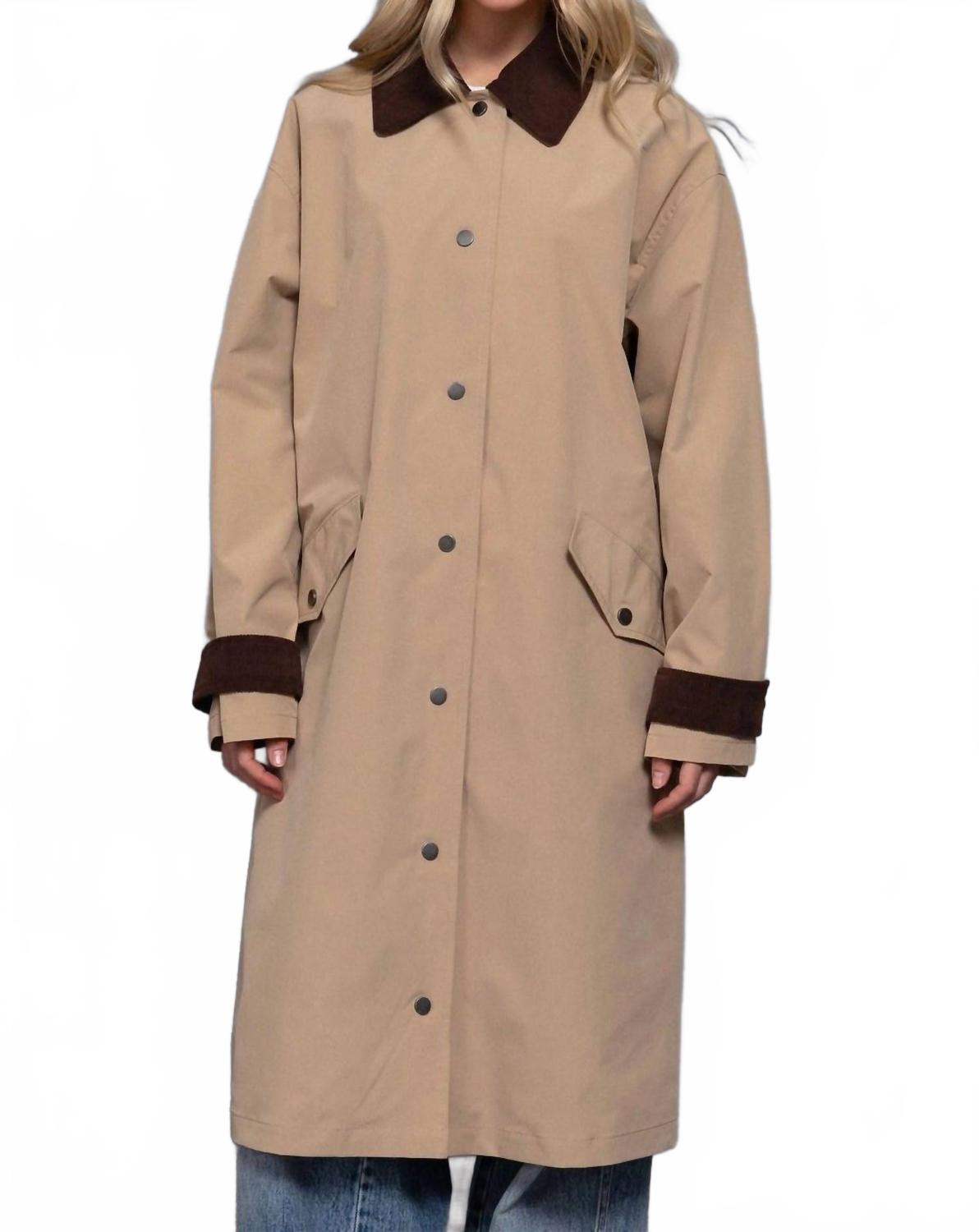 Long Sleeve Contrast Collar Button Down Trench Coat In Khaki