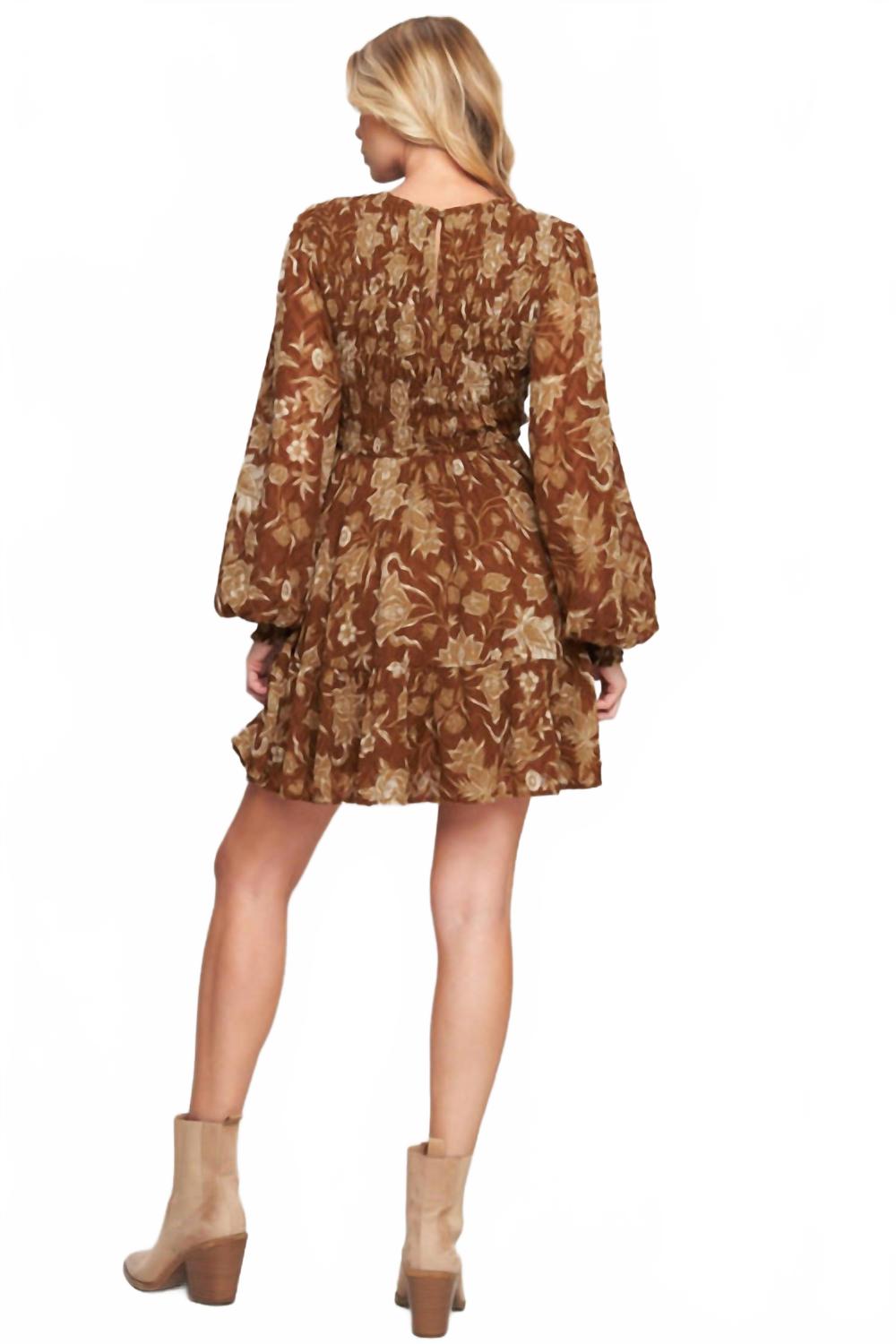 Golden Meadow Smocked Mini Dress In Brown