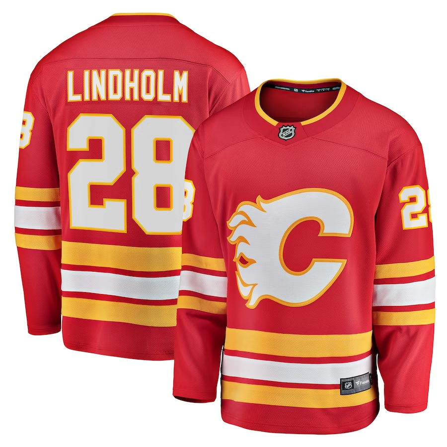 Men's Calgary Flames Elias Lindholm #28 Red Home Team Breakaway Player jersey
