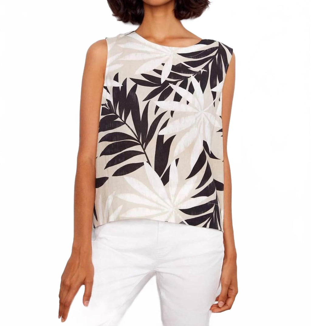Leaflet Print Linen Blend Sleeveless Blouse In Black