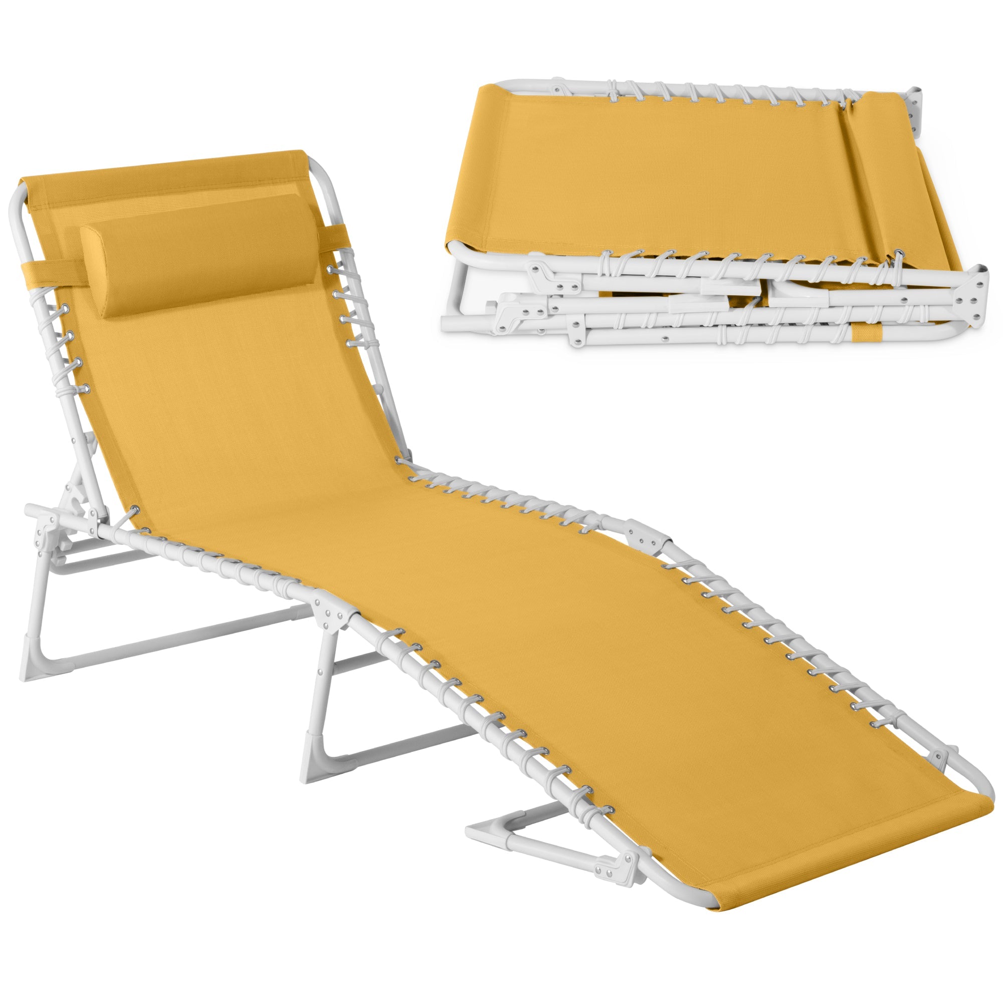 Best Choice Products Patio Chaise Lounge Chair, Outdoor Portable Adjustable Pool Recliner w/ Pillow - Marigold/White