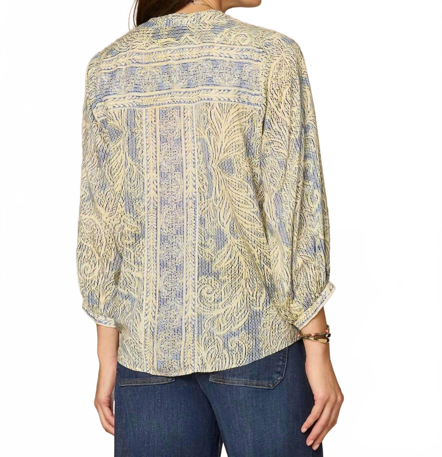 Pleated Button Down Blouson Sleeve Stand Collar Woven Top In Multicolor
