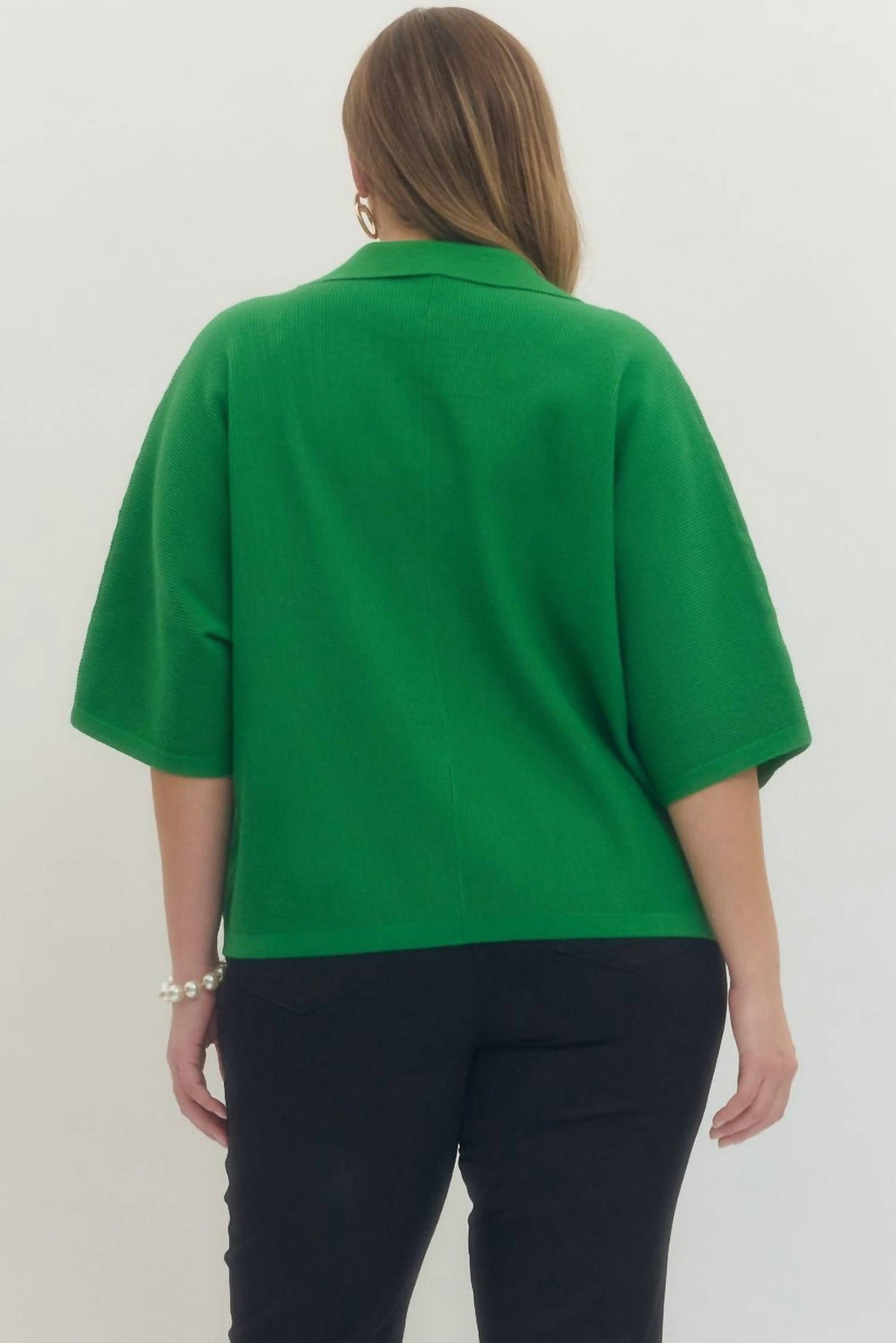 Solid V-Neck Collared Top In Green