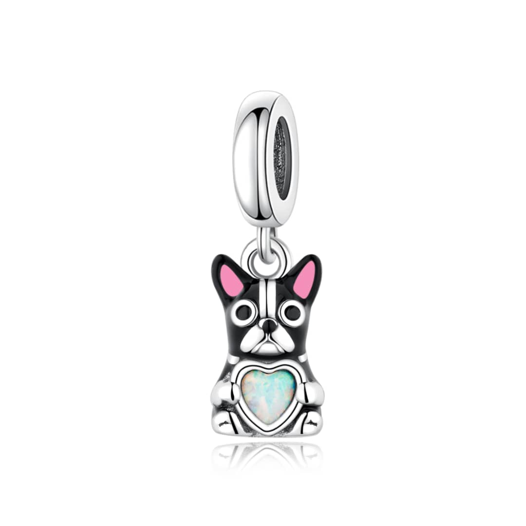 Black French Bulldog with Heart Stone Dangle Charm