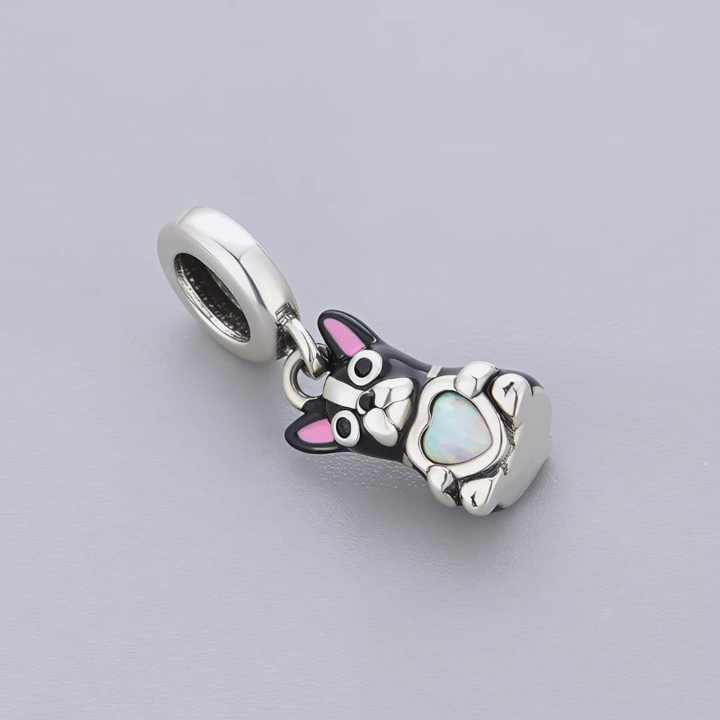 Black French Bulldog with Heart Stone Dangle Charm