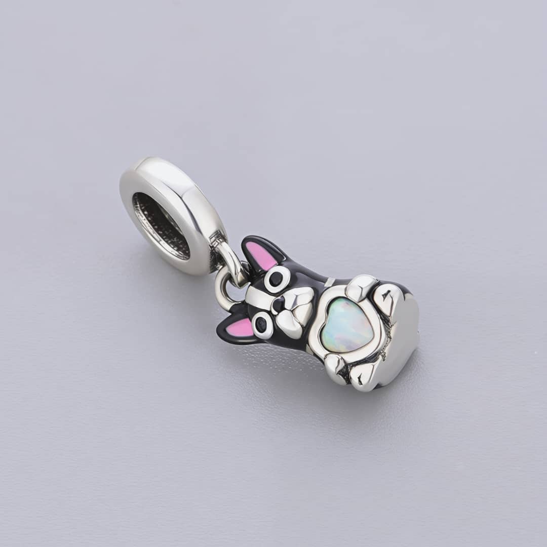 Black French Bulldog with Heart Stone Dangle Charm