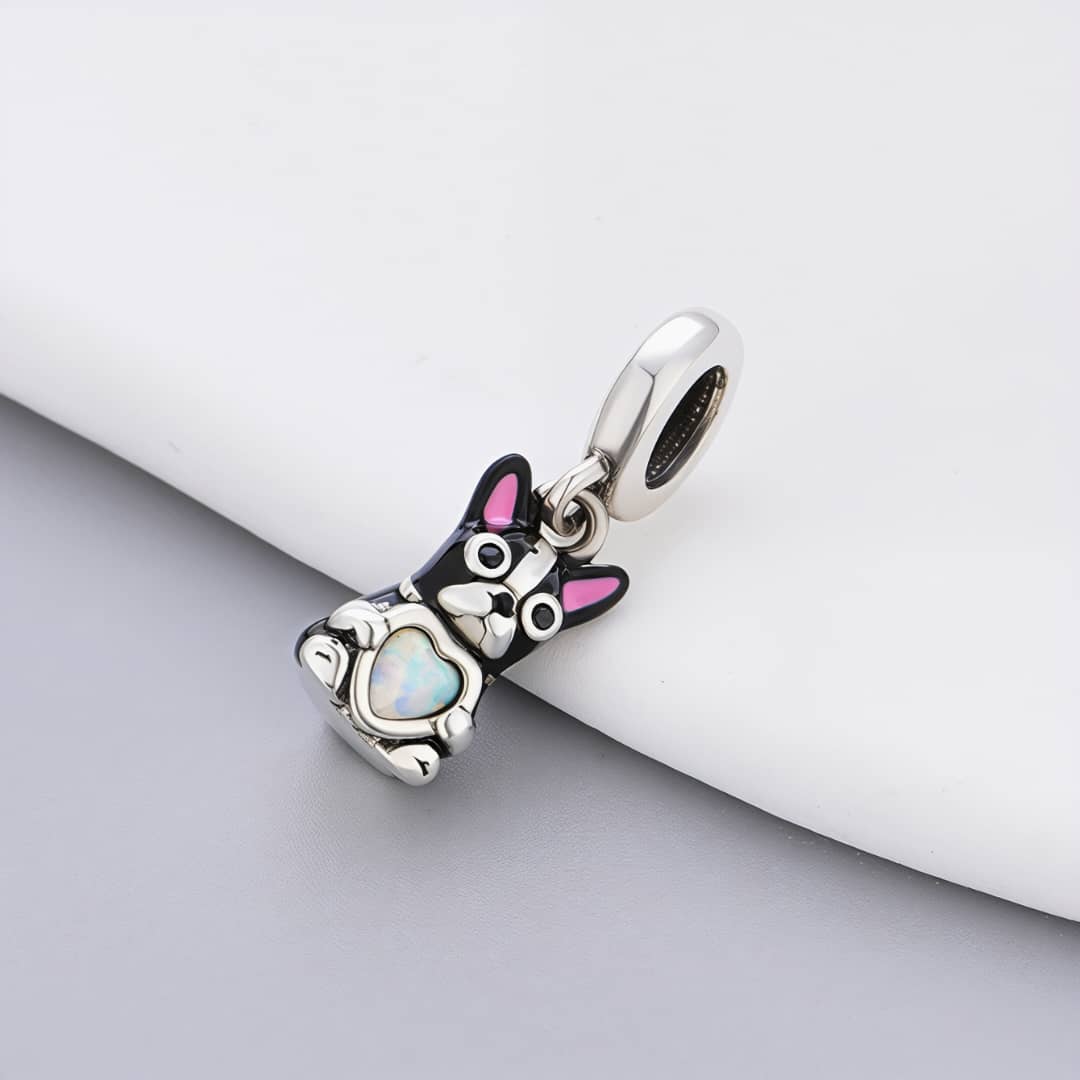 Black French Bulldog with Heart Stone Dangle Charm