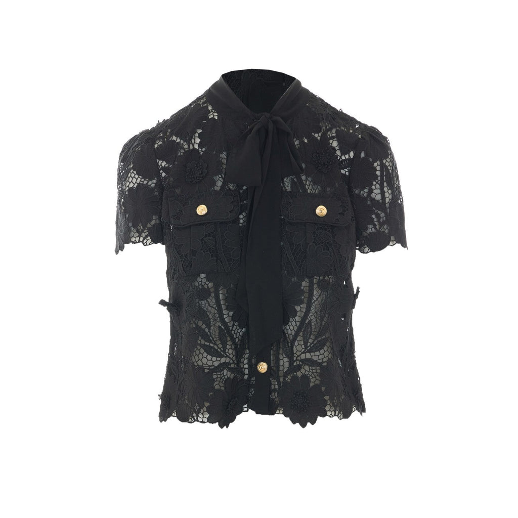 Self Portrait Women Black Lace Tie Neck Top