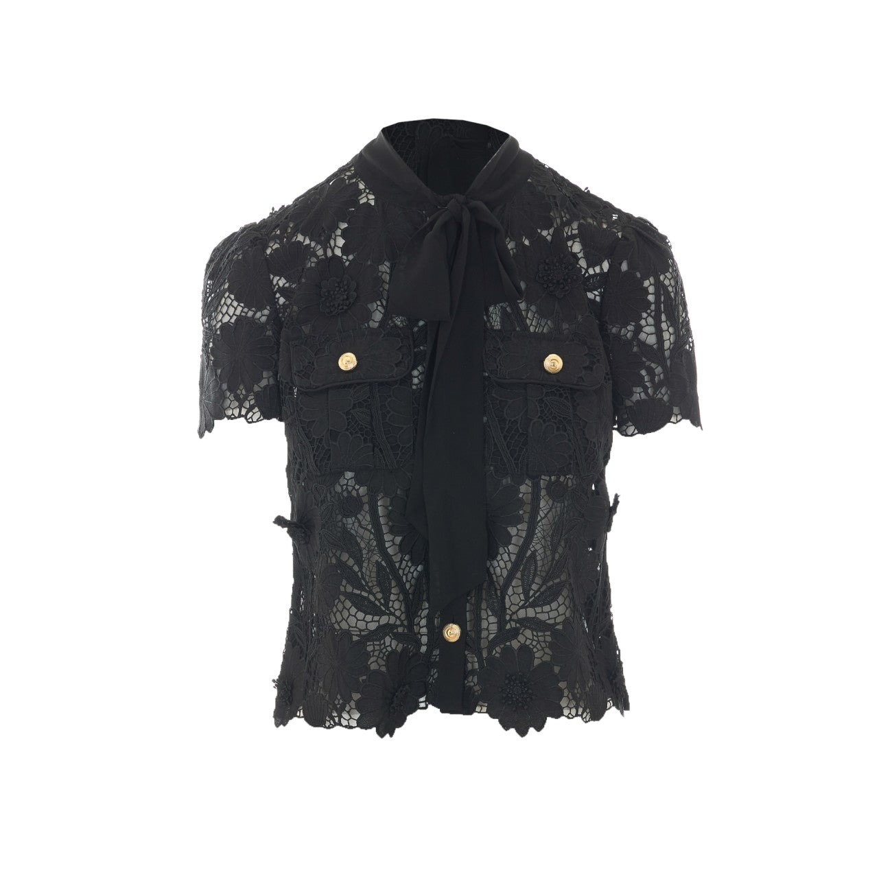 Self Portrait Women Black Lace Tie Neck Top