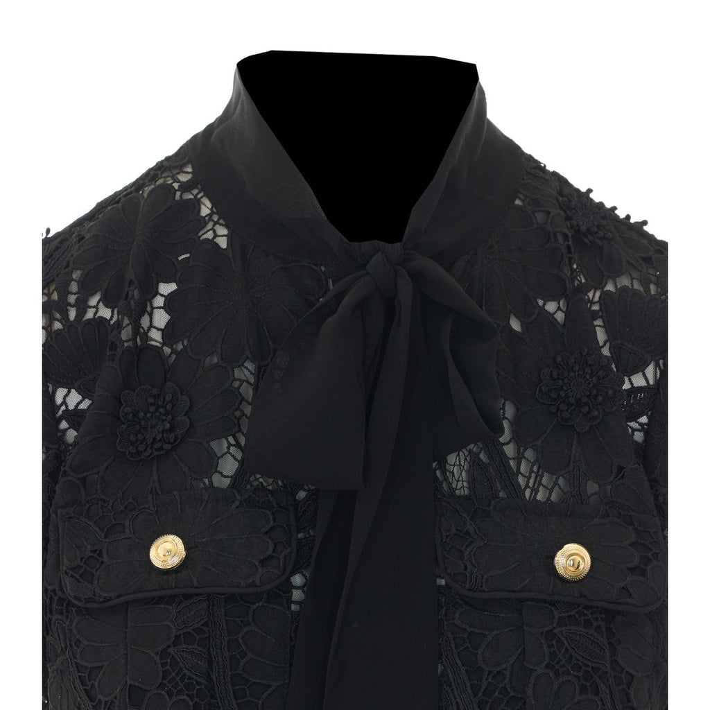 Self Portrait Women Black Lace Tie Neck Top