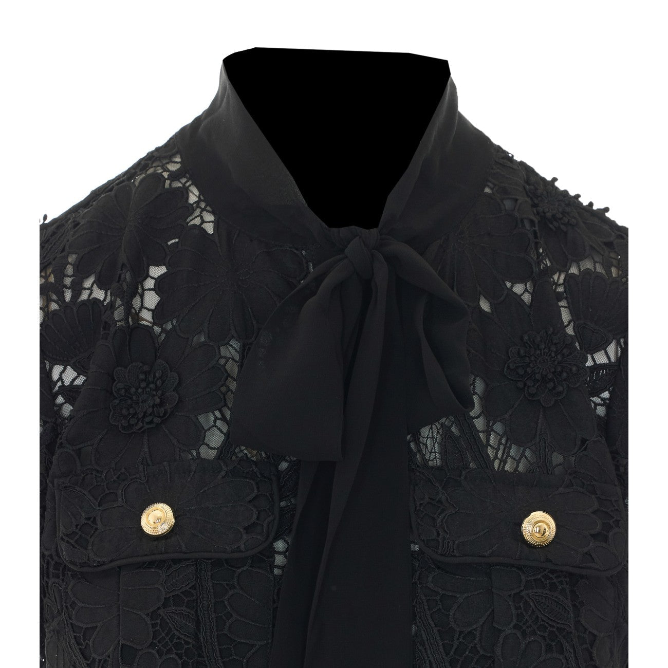 Self Portrait Women Black Lace Tie Neck Top