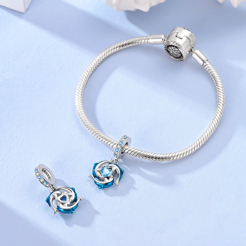 Blue Dolphins with Heart Ocean Sparkle Dangle Charm