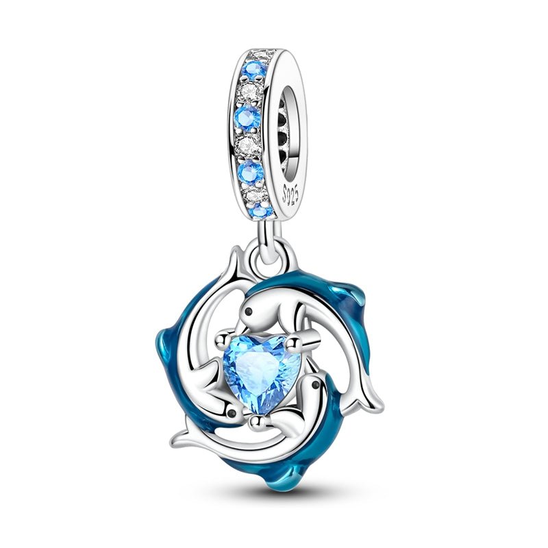 Blue Dolphins with Heart Ocean Sparkle Dangle Charm