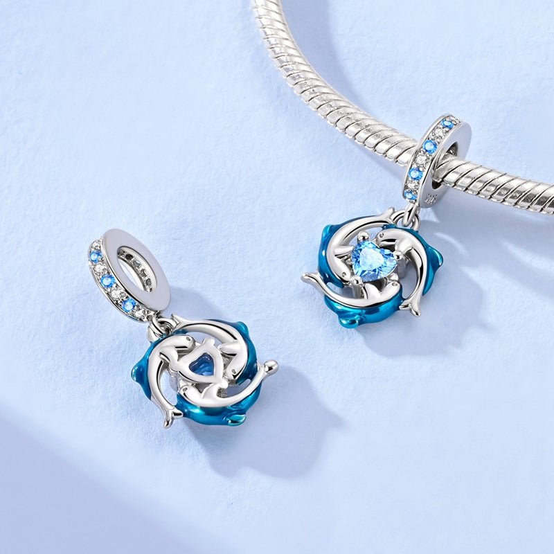 Blue Dolphins with Heart Ocean Sparkle Dangle Charm
