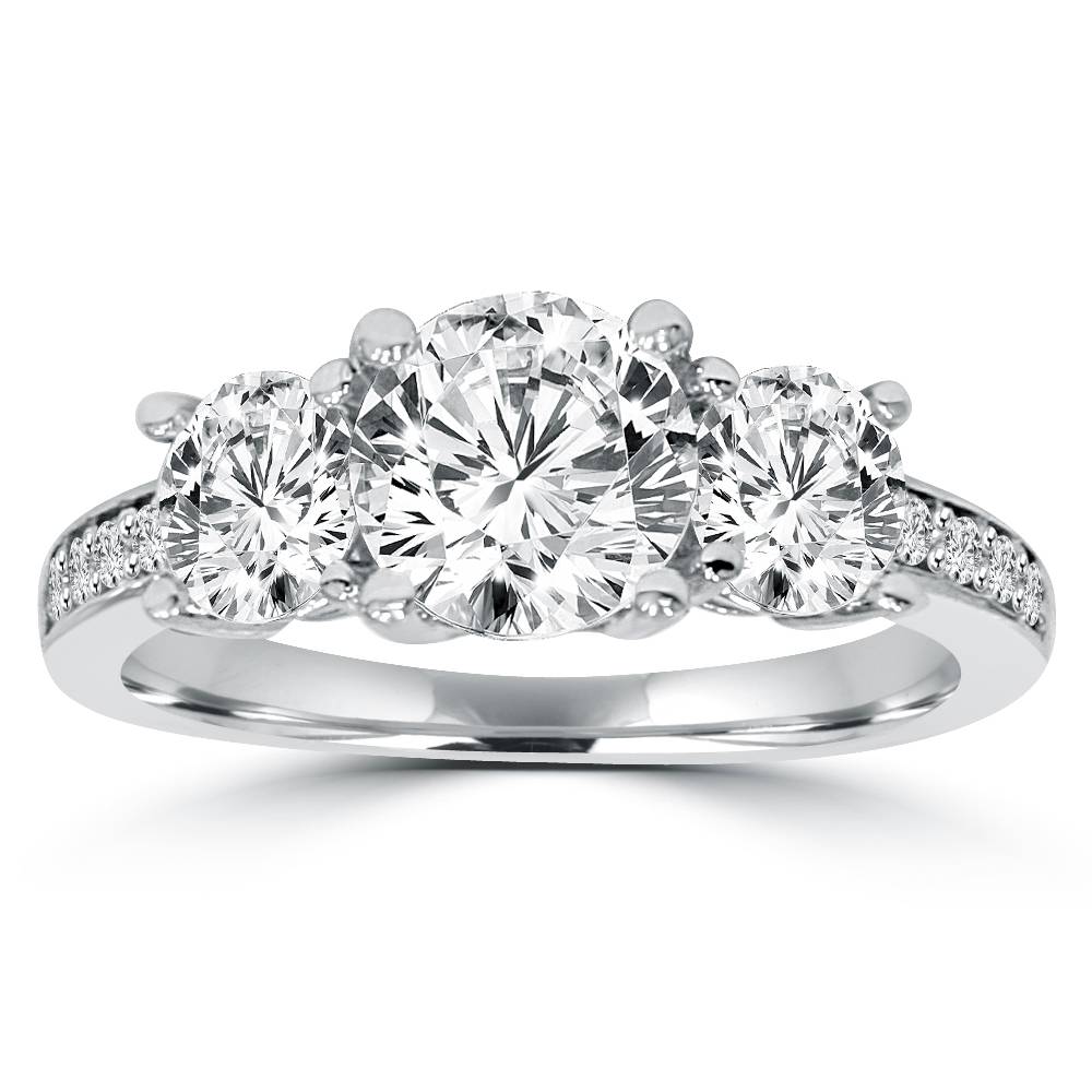2ct Three Stone Round Diamond Engagement Ring 14K White Gold Size Selectable
