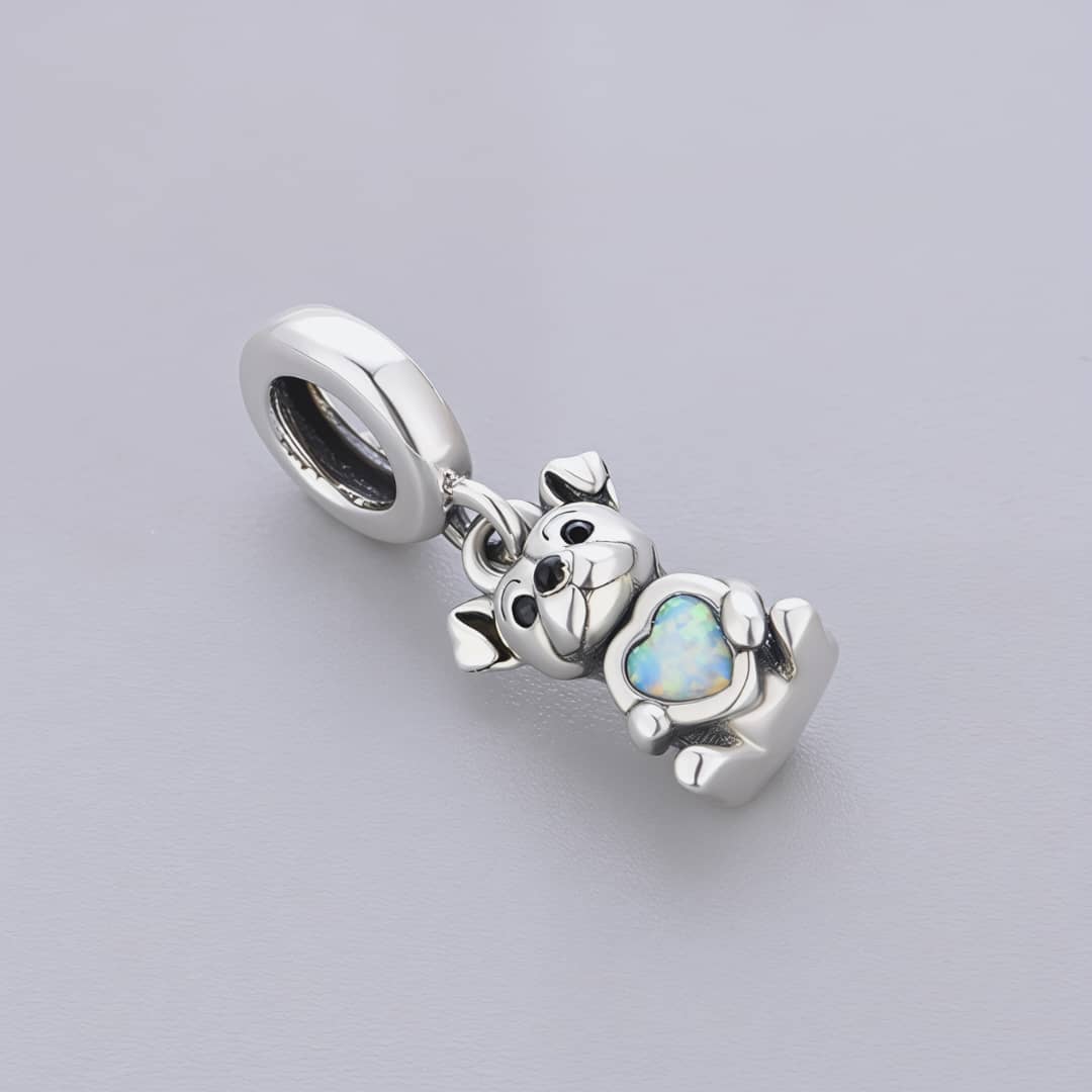 Bulldog Dog with Heart Stone Dangle Charm