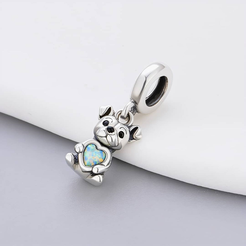Bulldog Dog with Heart Stone Dangle Charm