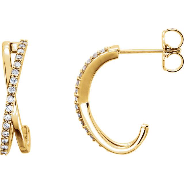 .25CT 14K Yellow Gold Diamond Hoops Criss Cross Earrings 3/4" Tall