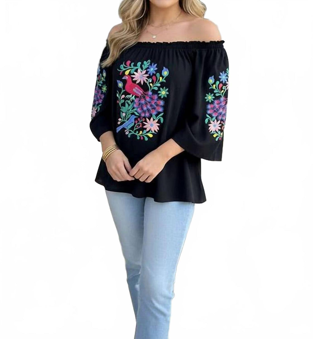 Floral & Bird Embroidered Off-Shoulder Boho Top In Black