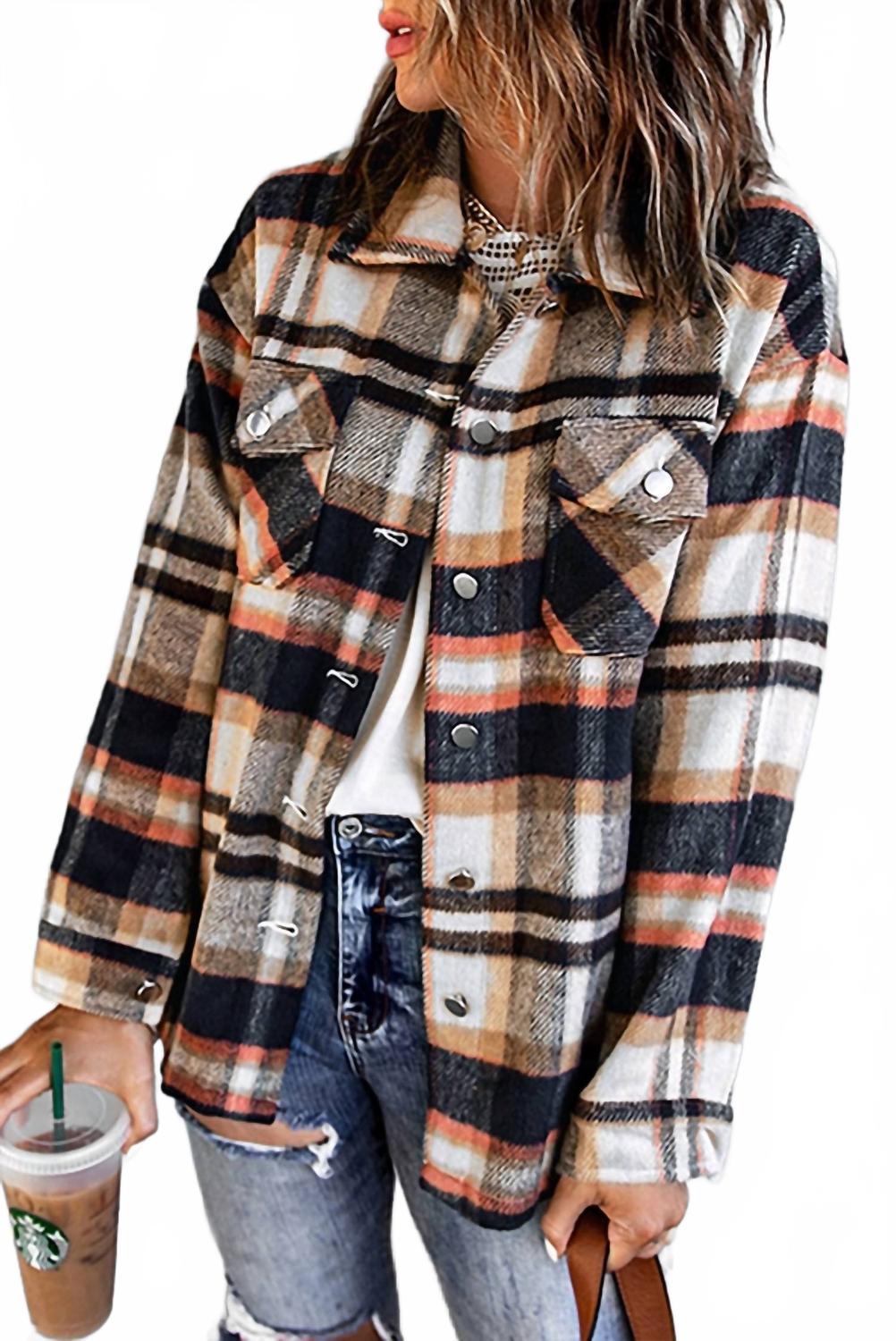 Multicolor Plaid Casual Button Up Jacket In Blue