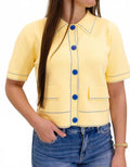 Stitch Button Up Sweater In Yellow