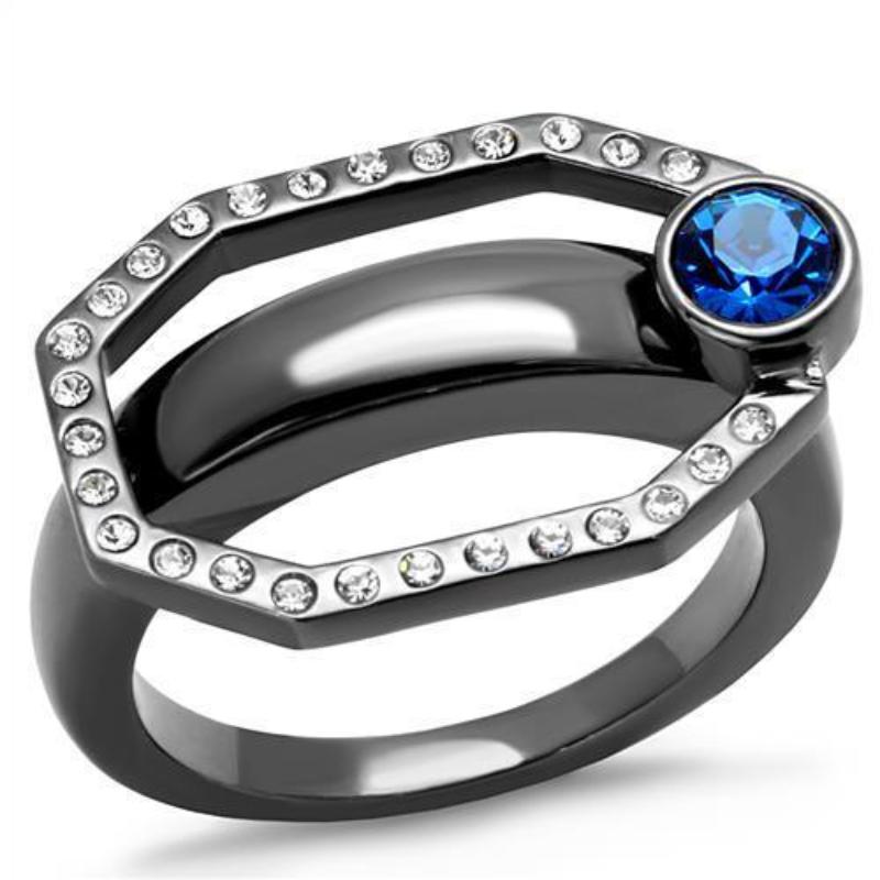 IP Light Black Stainless Steel Ring with Top Grade Crystal in Capri Blue