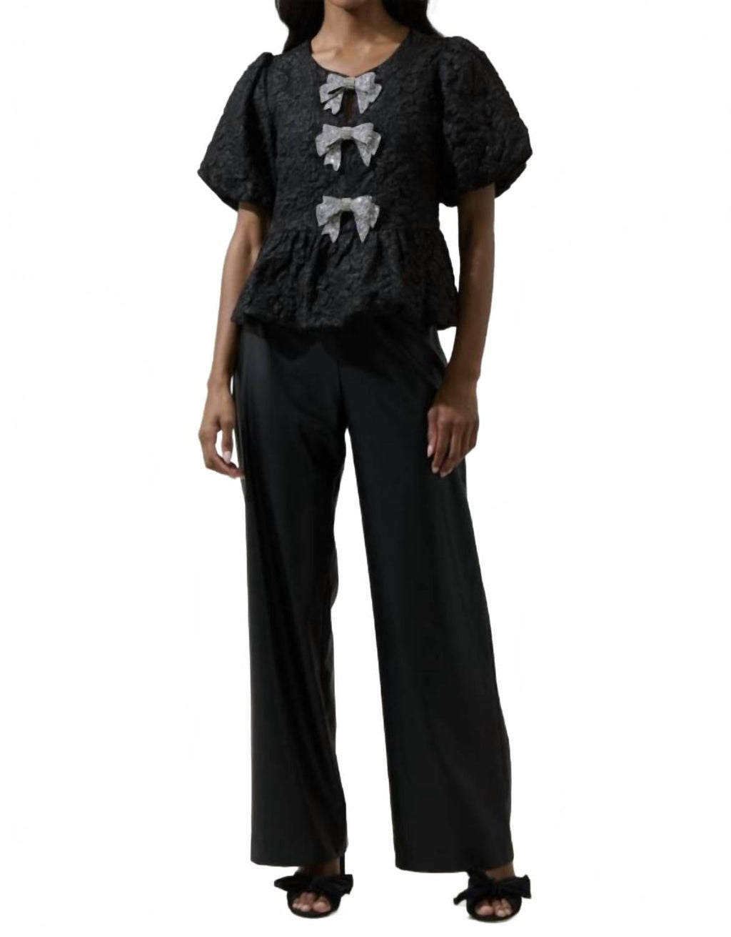 Arielle Jacquard Glow Bow Top In Black