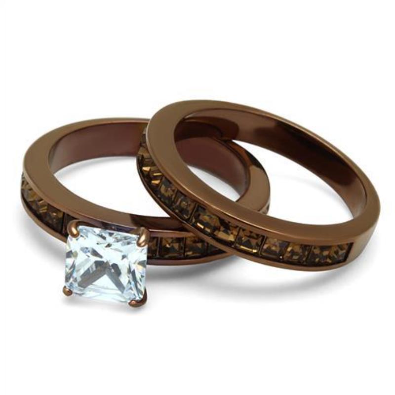 IP Coffee light Stainless Steel Ring with AAA Grade CZ in Clear
