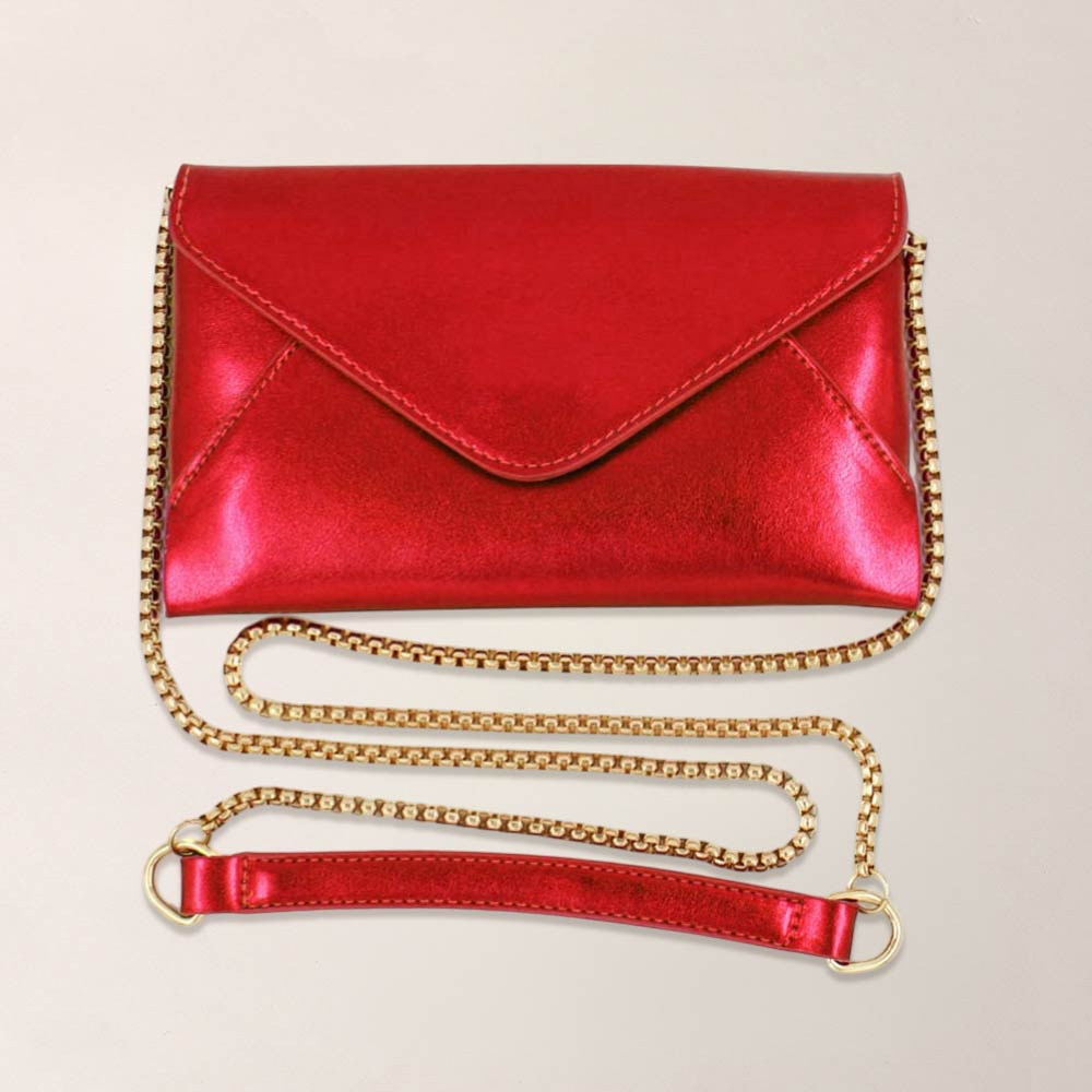 Faux Leather Metallic Envelope Clutch Crossbody Bag